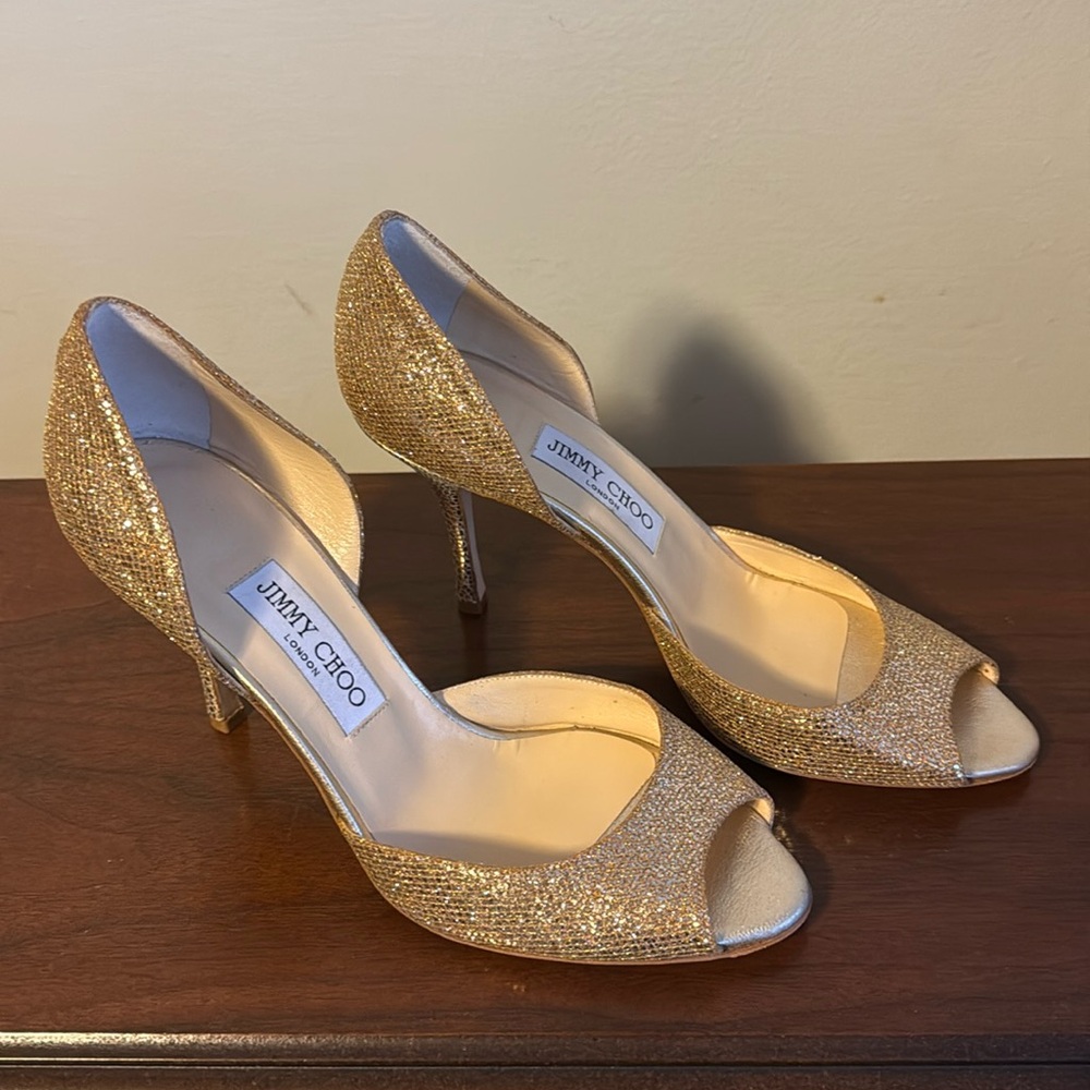 Jimmy Choo gold glitter heels